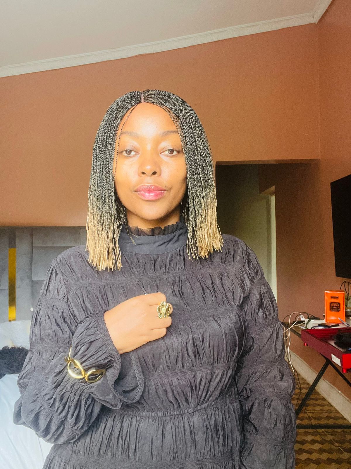Custom honey-blonde microtwist bob